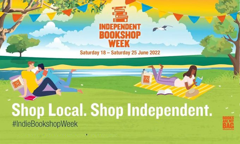 Illustration of people happily reading physical books on a sunny day to promote Independent Bookshop Week 2022
